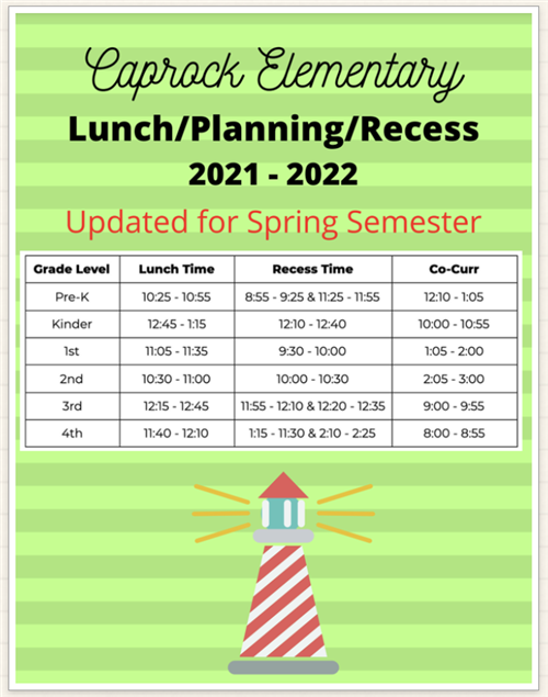 Lunch Planning Recess Spring Semester Schedule